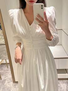 DAZY Váy suông cài nút phía trước, eo nhún, quần áo mùa thu, váy dài tay - trắng - Xem 8