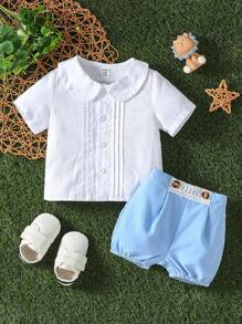 男嬰彼得潘領襯衫和拼接水溶蕾絲短褲