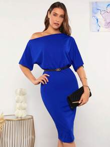 SHEIN Clasi 素色不對稱領蝙蝠袖連衣裙不附腰帶 - 寶藍色 - 查看 5