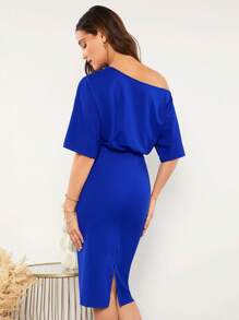 SHEIN Clasi 素色不對稱領蝙蝠袖連衣裙不附腰帶 - 寶藍色 - 查看 2