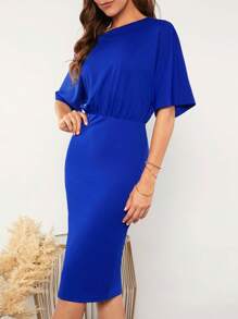 SHEIN Clasi 素色不對稱領蝙蝠袖連衣裙不附腰帶 - 寶藍色 - 查看 4