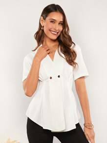 SHEIN Clasi Solid V Neck Fold Pleated Detail Peplum Blouse - White - View 4