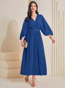 Al Najma Batwing Sleeve Pleated Hem Dress Kaftan Jalabiya Dress - Blue - View 1