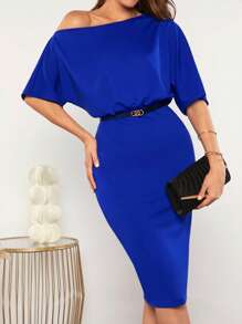 SHEIN Clasi 素色不對稱領蝙蝠袖連衣裙不附腰帶 - 寶藍色 - 查看 6