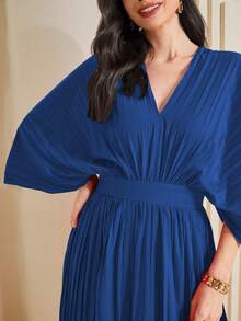 Al Najma Batwing Sleeve Pleated Hem Dress Kaftan Jalabiya Dress - Blue - View 3