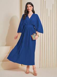 Al Najma Batwing Sleeve Pleated Hem Dress Kaftan Jalabiya Dress - Blue - View 4
