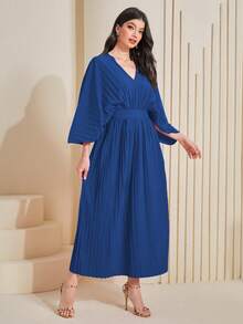 Al Najma Batwing Sleeve Pleated Hem Dress Kaftan Jalabiya Dress - Blue - View 5