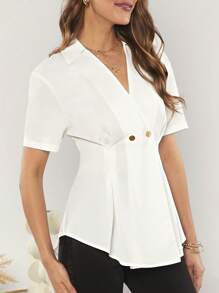 SHEIN Clasi Solid V Neck Fold Pleated Detail Peplum Blouse - White - View 5