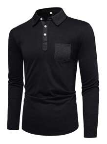 NITAGUT 男士拼接領口袋貼布POLO衫 - 黑色 - 查看 3