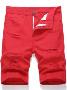 男士破洞牛仔短裤 - 紅色 - 查看 1