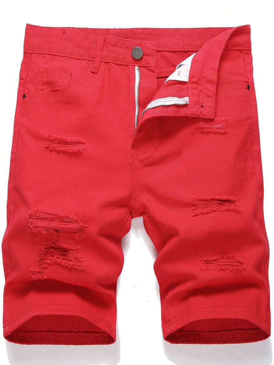 男士破洞牛仔短裤 - 紅色 - 查看 1