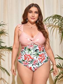 SHEIN Swim Curve 大碼印花荷葉邊前扭結連體泳衣 - 粉色 - 查看 3
