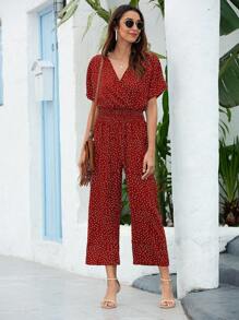 Breezaya 波卡圓點圍裹胸襟闊腿連體褲 - 酒紅色 - 查看 4