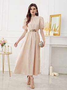 Modelyn Puff Sleeve Belted Dress - Apricot - View 1