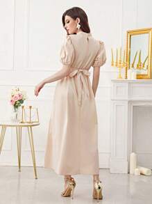 Modelyn Puff Sleeve Belted Dress - Apricot - View 2