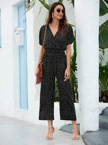 Breezaya 波卡圓點圍裹胸襟闊腿連體褲 - 黑色 - 查看 6