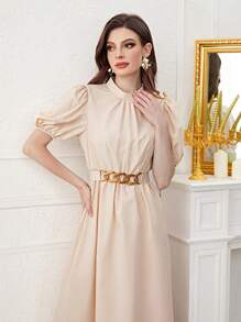 Modelyn Puff Sleeve Belted Dress - Apricot - View 4