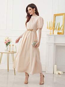 Modelyn Puff Sleeve Belted Dress - Apricot - View 5