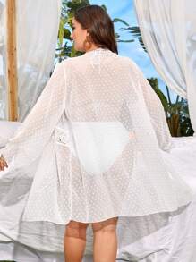 SHEIN Swim Curve Plus Swiss Dot Tie Front Kimono, For Summer Beach Vacation - White - View 2