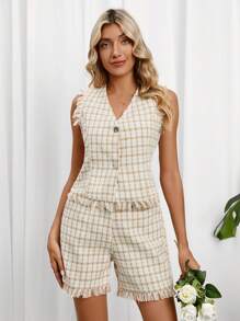 SHEIN Privé Plaid Print Tweed Raw Cut Vest Blazer & Shorts - Multicolor - View 3