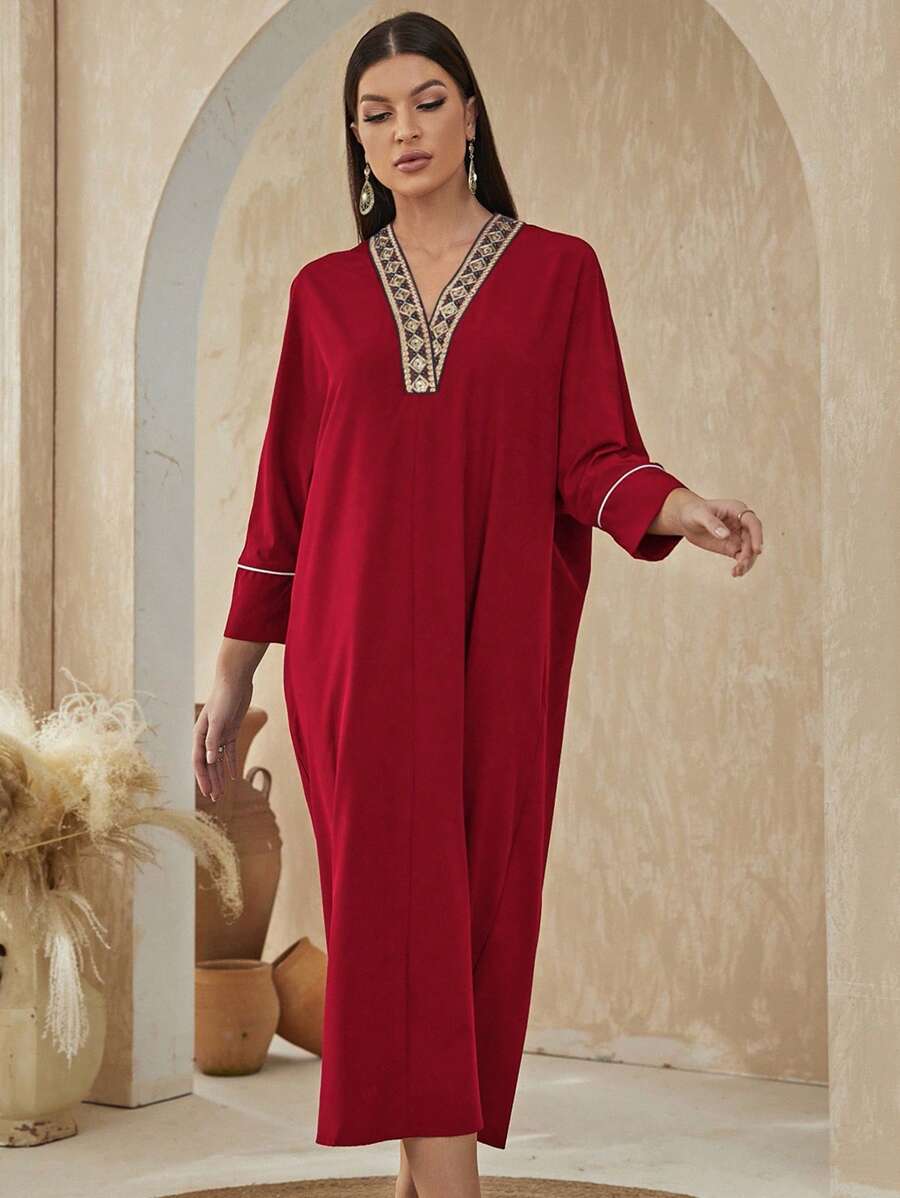 Al Najma Geo Tape Contrast Piping Batwing Sleeve Dress - Red - View 1