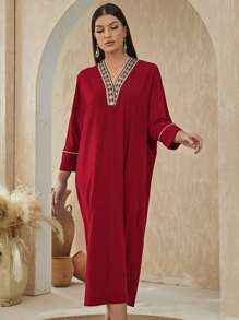 Al Najma Geo Tape Contrast Piping Batwing Sleeve Dress - Red - View 3