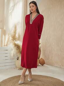 Al Najma Geo Tape Contrast Piping Batwing Sleeve Dress - Red - View 4