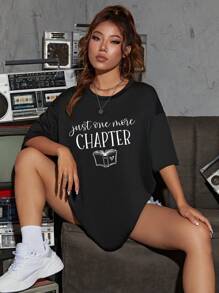 SHEIN EZwear Áo thun nữ Slogan Giải trí - màu đen - Xem 3