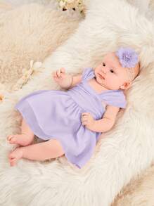 SHEIN Đầm em bé Xù Dây kéo Nơ Bướm màu trơn - Màu Lilac Tím - Xem 1