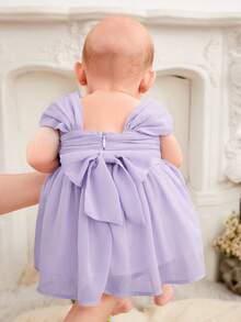 SHEIN Đầm em bé Xù Dây kéo Nơ Bướm màu trơn - Màu Lilac Tím - Xem 2