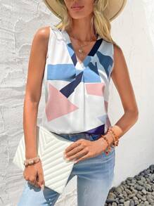 SHEIN Clasi Geo Print V Neck Sleeveless Blouse - Multicolor - View 5