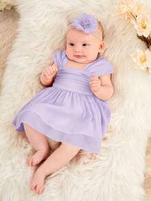 SHEIN Đầm em bé Xù Dây kéo Nơ Bướm màu trơn - Màu Lilac Tím - Xem 5