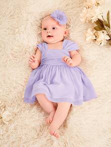 SHEIN Đầm em bé Xù Dây kéo Nơ Bướm màu trơn - Màu Lilac Tím - Xem 6