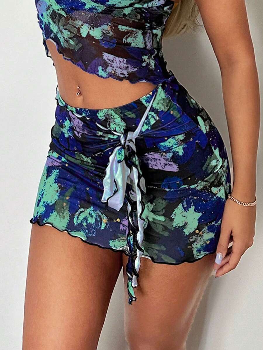 SHEIN ICON 滿版印花木耳邊前打結包臀半身裙 - 彩色 - 查看 1