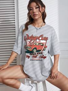 INAWLY Áo thun oversize hở vai họa tiết ô tô và chữ cái, áo thun họa tiết dành cho nữ, Unisex - Xám - Xem 3