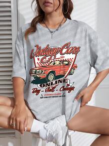 INAWLY Áo thun oversize hở vai họa tiết ô tô và chữ cái, áo thun họa tiết dành cho nữ, Unisex - Xám - Xem 5