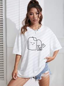 INAWLY Áo thun oversize hở vai họa tiết hoạt hình & khẩu hiệu Áo thun họa tiết IT's A TEA Áo thun nữ - trắng - Xem 3