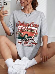 INAWLY Áo thun oversize hở vai họa tiết ô tô và chữ cái, áo thun họa tiết dành cho nữ, Unisex - Xám - Xem 6