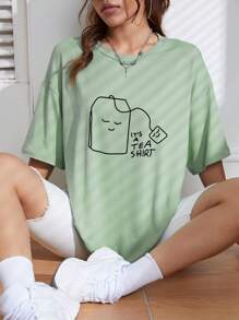 INAWLY 卡通图案落肩超大 T 恤 IT'S A TEA SHIRT 图案 T 恤 女式上衣，男女通用