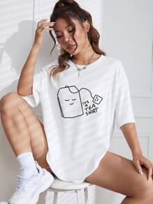INAWLY Áo thun oversize hở vai họa tiết hoạt hình & khẩu hiệu Áo thun họa tiết IT's A TEA Áo thun nữ - trắng - Xem 6