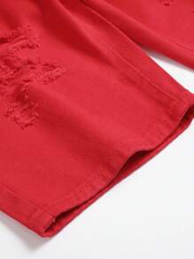 男士破洞牛仔短裤 - 紅色 - 查看 5