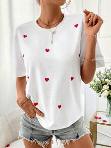 SHEIN Frenchy Camiseta con estampado de corazón de cuello redondo - Blanco - Ver 1
