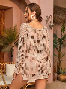 Hollow Out Split Hem Drop Shoulder Cover Up Summer