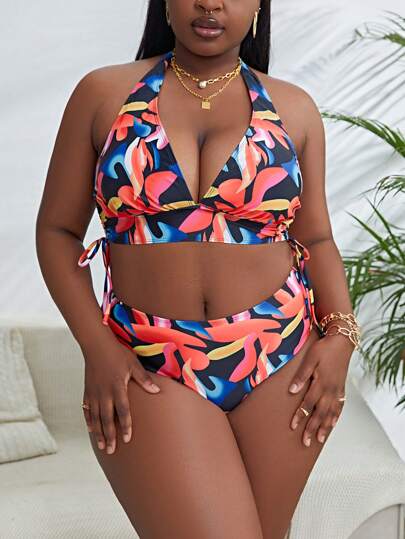 SHEIN Swim Curve 大尺碼全印花束邊背心比基尼套裝，適用於夏季沙灘