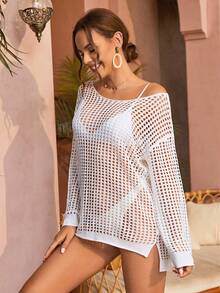 Hollow Out Drop Shoulder Cover Up Without Bodysuit - White - View 4