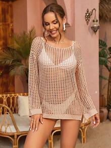 Hollow Out Split Hem Drop Shoulder Cover Up Summer