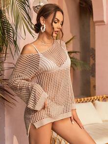 Hollow Out Split Hem Drop Shoulder Cover Up Summer