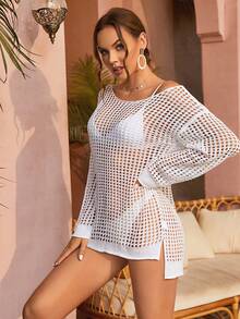 Hollow Out Drop Shoulder Cover Up Without Bodysuit - White - View 6