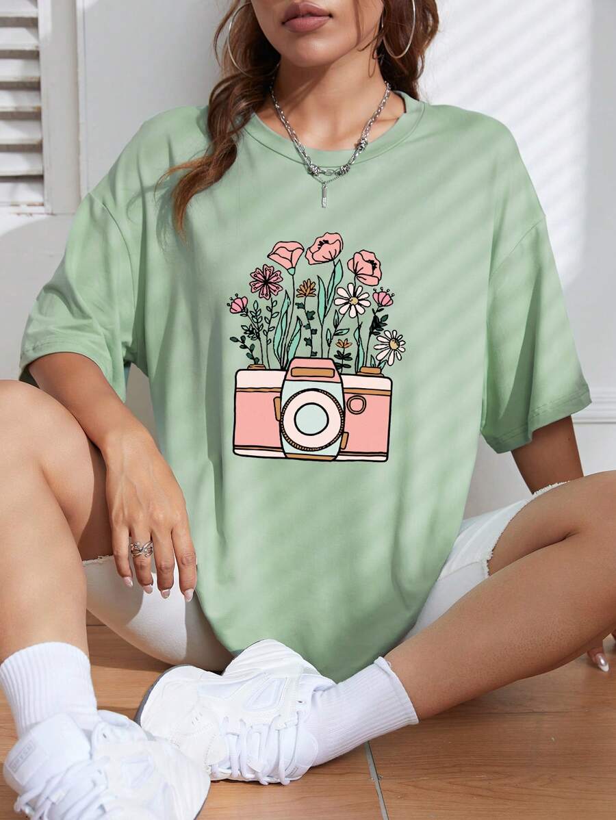 SHEIN Qutie Camiseta de hombros caídos cámara con con estampado floral - verde menta - Ver 1