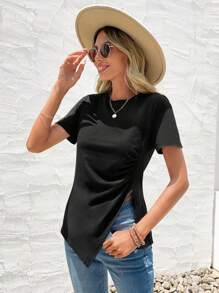 SHEIN LUNE 纯色褶皱开衩下摆圆领短袖T恤，休闲款 - 黑色 - 查看 5